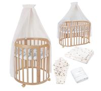 Waldin Lit de bébé OWAL Lit d'enfant 7en1 avec matelas, lit évolutif pour enfants,tissus champagne pissenlit,bois naturel