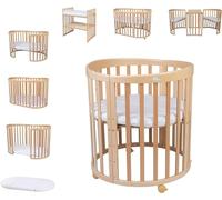 waldin Lit Bébé Ovale 7en1, Matelas, roulettes, Étagère, Naturel | Sans Ensemble de Tissu, Évolutif, Lit, Lit Cododo en Bois, Fonction Balancelle en Option