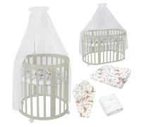 waldin Lit Bébé Ovale 7en1, Matelas, roulettes, Étagère, Olive | Animaux Blanc, Évolutif, Lit, Lit Cododo en Bois, Fonction Balancelle en Option