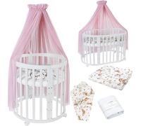 Waldin Lit bébé OWAL Lit d'enfant 7en1 avec matelas, lit évolutif pour enfants,Tissus roses animaux,bois blanc