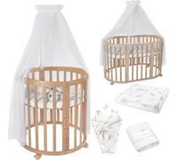 Waldin Lit de bébé OWAL Lit d'enfant 7en1 avec matelas, lit d'enfant évolutif,Tissus Blanc Branches,Bois naturel