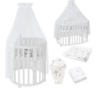 Waldin Lit de bébé OWAL Lit d'enfant 7en1 avec matelas, lit évolutif pour enfants,Tissus Blanc Branches,Bois blanc