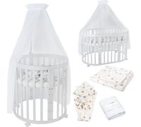Waldin Lit de bébé OWAL Lit d'enfant 7en1 avec matelas, lit évolutif pour enfants,Tissus Blanc Pissenlit,Bois blanc
