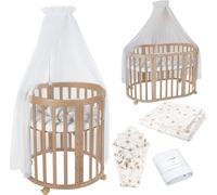 Waldin Lit de bébé OWAL Lit d'enfant 7en1 avec matelas, lit évolutif pour enfants,Tissus Blanc Pissenlit,Bois naturel