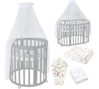 Waldin Lit de bébé OWAL Lit d'enfant 7en1 avec matelas, lit évolutif pour enfants,Tissus Blanc Pissenlit,Bois gris