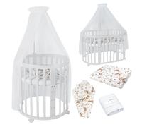 Waldin Lit de bébé OWAL Lit d'enfant 7en1 avec matelas, lit évolutif pour enfants,Tissus Blancs Animaux,Bois blanc