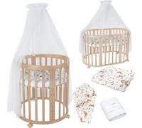 Waldin Lit de bébé OWAL Lit d'enfant 7en1 avec matelas, lit évolutif pour enfants,Tissus Blancs Animaux,Bois naturel