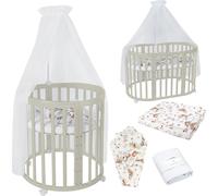 Waldin Lit de bébé OWAL Lit d'enfant 7en1 avec matelas, lit évolutif pour enfants,Tissus Blancs Animaux,Bois olive