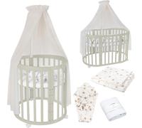 Waldin Lit de bébé OWAL Lit d'enfant 7en1 avec matelas, lit évolutif pour enfants,Tissus Champagne Pissenlit,Bois olive