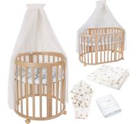 Waldin Lit de bébé OWAL Lit d'enfant 7en1 avec matelas, lit évolutif pour enfants,tissus champagne pissenlit,bois naturel