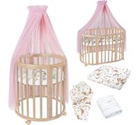 Waldin Lit de bébé OWAL Lit d'enfant 7en1 avec matelas, lit évolutif pour enfants,Tissus Rosa Tiere,Bois naturel