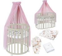 Waldin Lit de bébé OWAL Lit d'enfant 7en1 avec matelas, lit évolutif pour enfants,Tissus Rosa Tiere,Bois olive