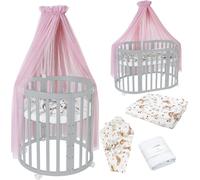 Waldin Lit de bébé OWAL Lit d'enfant 7en1 avec matelas, lit évolutif pour enfants,Tissus roses animaux,bois gris
