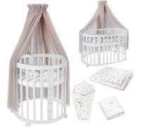 Waldin Lit de bébé OWAL Lit d'enfant 7en1 avec matelas, lit évolutif pour enfants,Tissus Taupe Branches,Bois blanc