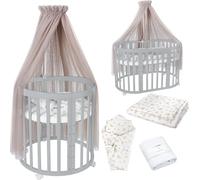 Waldin Lit de bébé OWAL Lit d'enfant 7en1 avec matelas, lit évolutif pour enfants,Tissus taupe branches,bois gris
