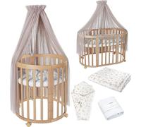 Waldin Lit de bébé OWAL Lit d'enfant 7en1 avec matelas, lit évolutif pour enfants,Tissus taupe branches,bois naturel