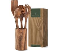 WALDWERK Ustensiles de cuisine en bois de teck - Set de 4 pièces comprenant une spatule, une cuillère bois, une cuillère à pâtes et un support - Spatule en bois - Ustensiles de cuisine bois