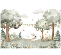 WallArena - Papier peint photo pour enfants non tissé Animaux de la forêt 350x250 cm - Papier peint photo - Pour salon et chambre à coucher - Effet 3D - Avec colle - Lièvre blanc vert du paysage
