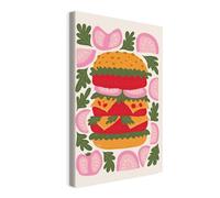 Wallero Tableau sur toile Burger avec Vert Feuilles - Déco murale moderne & impression artistique | Tableau pour salon chambre cuisine entrée 70x100