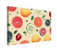 Wallero Tableau sur toile Pamplemousse et Kiwi avec Feuilles - Déco murale moderne & impression artistique | Tableau pour salon chambre cuisine entrée 90x60