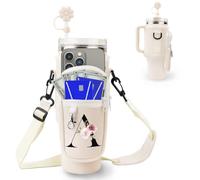 WALLFID Pochette Bouteille Eau Initial Personnalisé pour Stanley 40oz Cup avec Poche pour Téléphone,Porte Gourde avec Sangle Ajustable,Porte Gourde Sac à Dos avec Couverture de Paille & Mousqueton