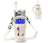WALLFID Pochette Bouteille Eau Initial Personnalisé pour Stanley 40oz Cup avec Poche pour Téléphone,Porte Gourde avec Sangle Ajustable,Porte Gourde Sac à Dos avec Couverture de Paille & Mousqueton
