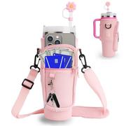 WALLFID Pochette Bouteille Eau pour Stanley 40oz Cup,avec Sangle Ajustable et Poche pour Téléphone,Porte Gourde Sac à Dos avec Couverture de Paille & Mousqueton,pour la Marche et Le Fitness