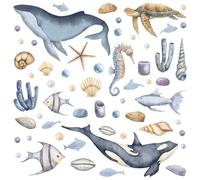 Wally Fox - Autocollants muraux chambre enfant - Autocollant mural chambre bébé - Non toxique, sûr - Set - baleine, animaux marins, océan, poisson, orque - bleu, bleu-bleu, beige - 2x52,50x134cm