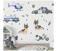 Wally Fox Stickers Muraux Enfants - Autocollants Décoratifs - Non Toxique, Sûr, de Haute Qualité - Déco Chambre Enfant - Set - Police, Hélicoptère, Chien de Berger de La Police - Bleu, Noir, Blanc