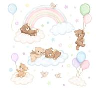 Wally Fox - Stickers Muraux Enfants - Oursons sur des Nuages avec des Ballons et un Arc-En-Ciel, Style Bohème, Résistants aux UV, Couleurs pastel, 38 Autocollants