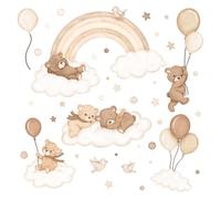 Wally Fox - Stickers Muraux Enfants - Oursons sur des Nuages avec des Ballons et un Arc-En-Ciel, Style Bohème, Résistants aux UV, Marron et Beige, 38 Autocollants
