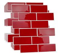 WALPLUS Lot de 12 autocollants 3D imperméables à décoller et coller avec crédence pour cuisine, salle de bain, salon Rouge cerise rétro 30,5 x 15,4 cm