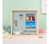 Wanapix | Tirelire en Bois Personnalisée avec Photo et Texte | Pièces et Billets | Cadeau Original | Bois de Peuplier et Méthacrylate Transparent | Carré 21x21 cm | Montgolfière