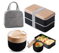WANDGU Boîte à bento japonaise 1400 ml : boîte à bento pour adultes avec bol à soupe et sac isotherme, boîte à lunch avec compartiments, empilable, pour adultes et enfants, pour le travail et l'école