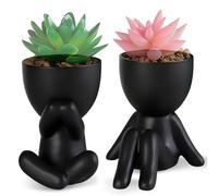 WANDGU Cactus Succulentes Plantes Grasses en Céramique Noire: 2 pièces Mini Pots de Fleurs Mignons en céramique, Pots en céra mique en Forme de Personne pour Décoration Bureau, Balcon（Pas de Plantes）