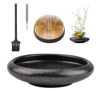 WANDIC Grande taille en céramique pour arrangements floraux, bol rond profond et grenouille florale de 7 cm pour vase en poterie à pois noirs Ikebana