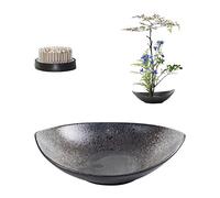 WANDIC Kit de Grenouille en Forme de Croissant avec Fleur de Grenouille Ikebana Kenzan de 5 cm et Base en Bois pour Arranger des Fleurs, Pois Noirs