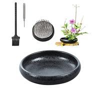 WANDIC Pot de fleurs rond peu profond avec porte-fleurs de 4 cm - Décoration d'intérieur et kit d’Ikebana, noir à pois