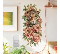 WandSticker4U®- Élégants stickers muraux animaux adulte LÉOPARD et FLEURS rouge/doré (60x30 cm) I Autocollant mural fleurs pivoines animal safari I Déco murale chambre adulte salon cuisine couloir