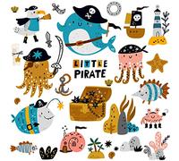 WandSticker4U®- Sticker muraux enfants PIRATES (70x52 cm) I Autocollant mural bateau pirate trésor mer animaux marins I Déco murale chambre enfant garçon fille bébé crèche salle de bain