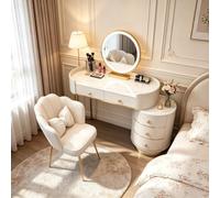 WanLimneo Ensemble Coiffeuse en Cuir Ovale avec Miroir Touch LED 3 Couleurs, Fauteuil Fleur et Caisson de Rangement Arrondi Extensible