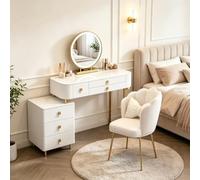 WanLimneo Ensemble Coiffeuse en Cuir PU avec Miroir Tactile LED, Meuble Rangement Réversible et Fauteuil Coquillage pour Chambre