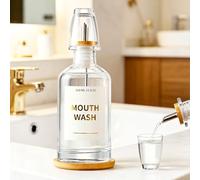 Wapasezyar Distributeur de rinçage buccal en verre pour salle de bain avec buse en acier inoxydable et bambou, 1 plateau, ensemble de bouteilles de vinaigre et d'huile réutilisable, entonnoir pour