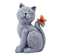 warkul Statue Solaire de Jardin de Chat avec lumière Papillon, Sculpture Animale en résine imperméable pour décoration extérieure de pelouse, Patio, Cour, allée A