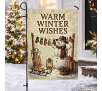 Warm Winter Wishes Drapeau de Noël Bonhomme de neige 30,5 x 45,7 cm | Style vintage, drapeau de pelouse, vœux de vacances, décoration de ferme rustique, panneau de cour extérieur
