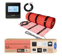 Warmcoin® Kit Complet Chauffage au Sol Électrique 160 W/m² - Trame Autocollante 6,0 m² (0,5x12m) - Pour Carrelage, Stratifié, Vinyle et Parquet - Inclut Thermostat LCD Programmable W51 Noir