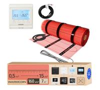 Warmcoin® Kit Complet Chauffage au Sol Électrique 160 W/m² - Trame Autocollante 7,0 m² (0,5x14m) - Pour Carrelage, Stratifié, Vinyle et Parquet - Inclut Thermostat LCD Programmable W51 Blanc