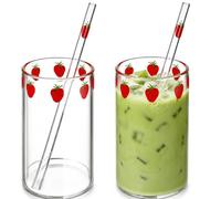 Warmhm Lot de 2 Verres à Motif Fraise avec Pailles Café Glacé, verre matcha | Gobelet transparent en borosilicate, 2 pailles incluses, pour latte, smoothie, Lait, soda, Jus, maison et voyage