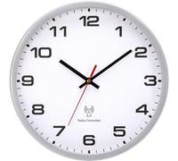 Warminn Horloge murale radiofréquence 30cm Quartz à pile Grande horloge murale facile à lire pour chambre maison cuisine chambre bureau école (blanc + argent, 30cm)