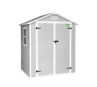Wasabi Abri de Jardin en Résine Aqua 2.6 - Assemblage Simple - Fenêtre à lumière du Jour - Panneaux de 12mm d'épaisseur - Plancher Inclus - Blanc Gris - Cabane de Stockage extérieur en PVC 2.39m2